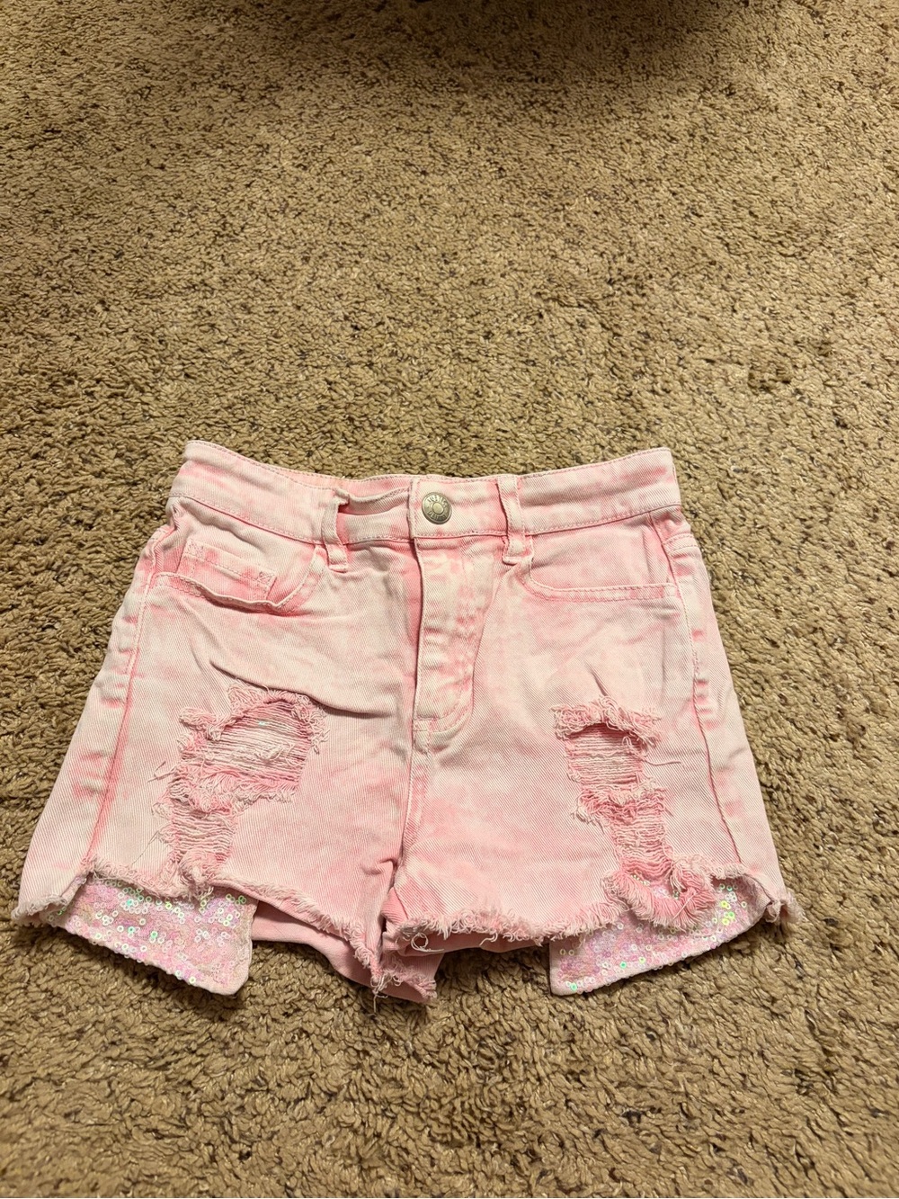 Justice Pink Distressed Denim Shorts with Sequin Hem
